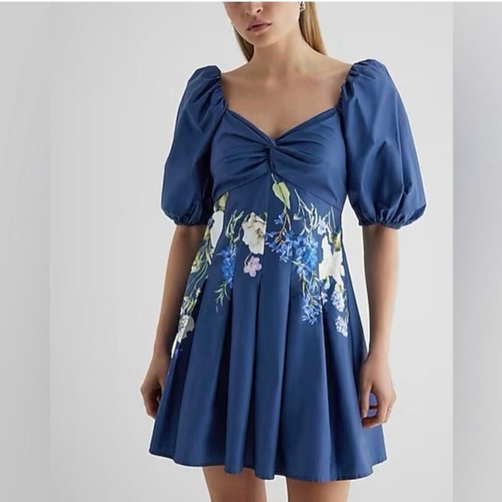 Womens Express Twist Front Puff Sleeve Floral Mini Dress Blue Size S EUC!